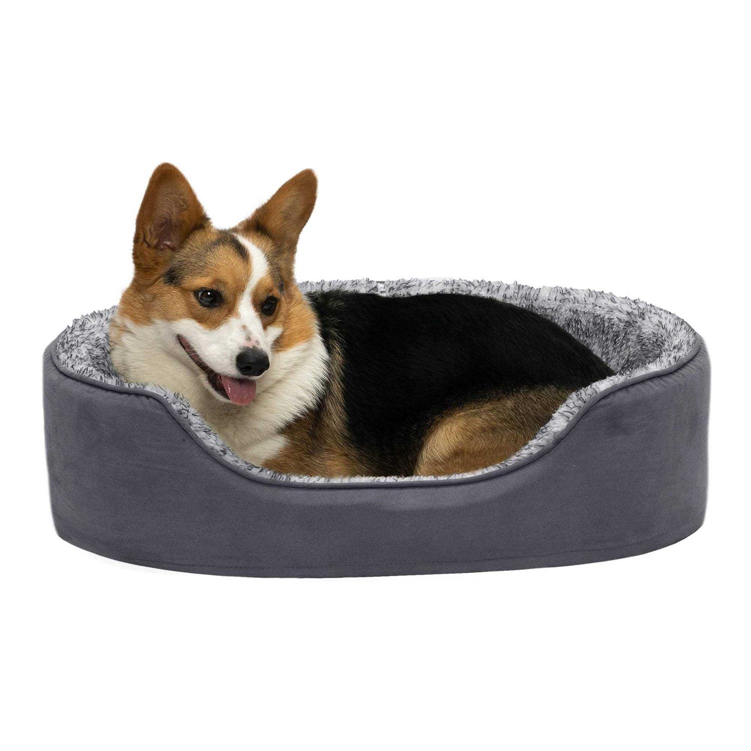 FurHaven Two-Tone Fur & Suede Oval Dog Bed