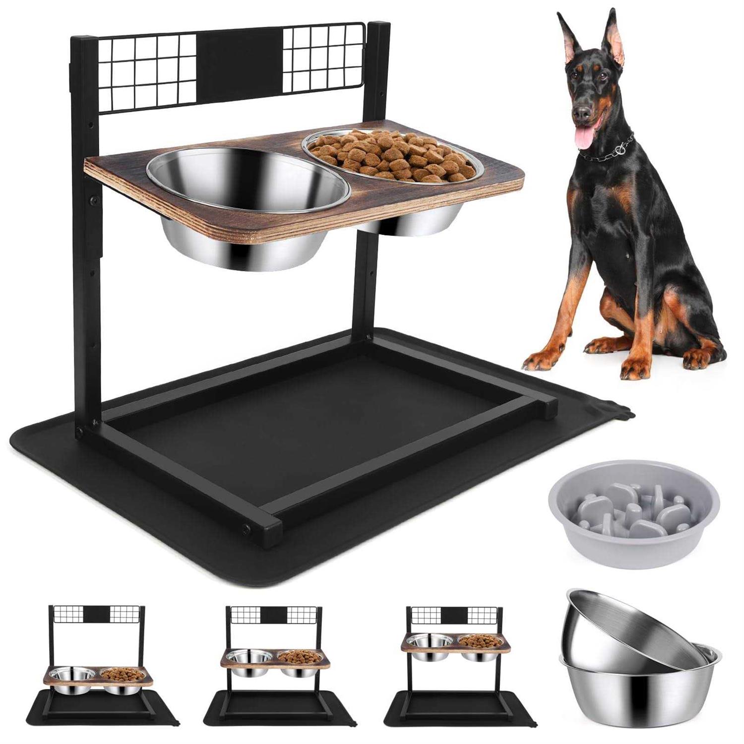 Ciconira Metal Elevated Dog Bowls with Slow Feeder & Spillproof Mat 8°Tilted Raised Dog Bowl Stand with Two 1.3L Stainless Steel Food Water Bowls,4