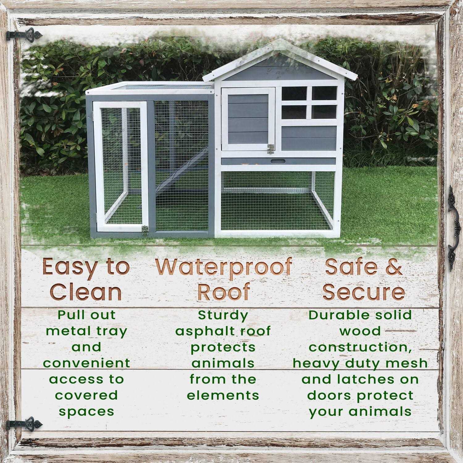 Hanover Outdoor Wooden Elevated Rabbit Hutch with Ramp Wire Mesh Run Waterproof Roof HANRH0102-GRY