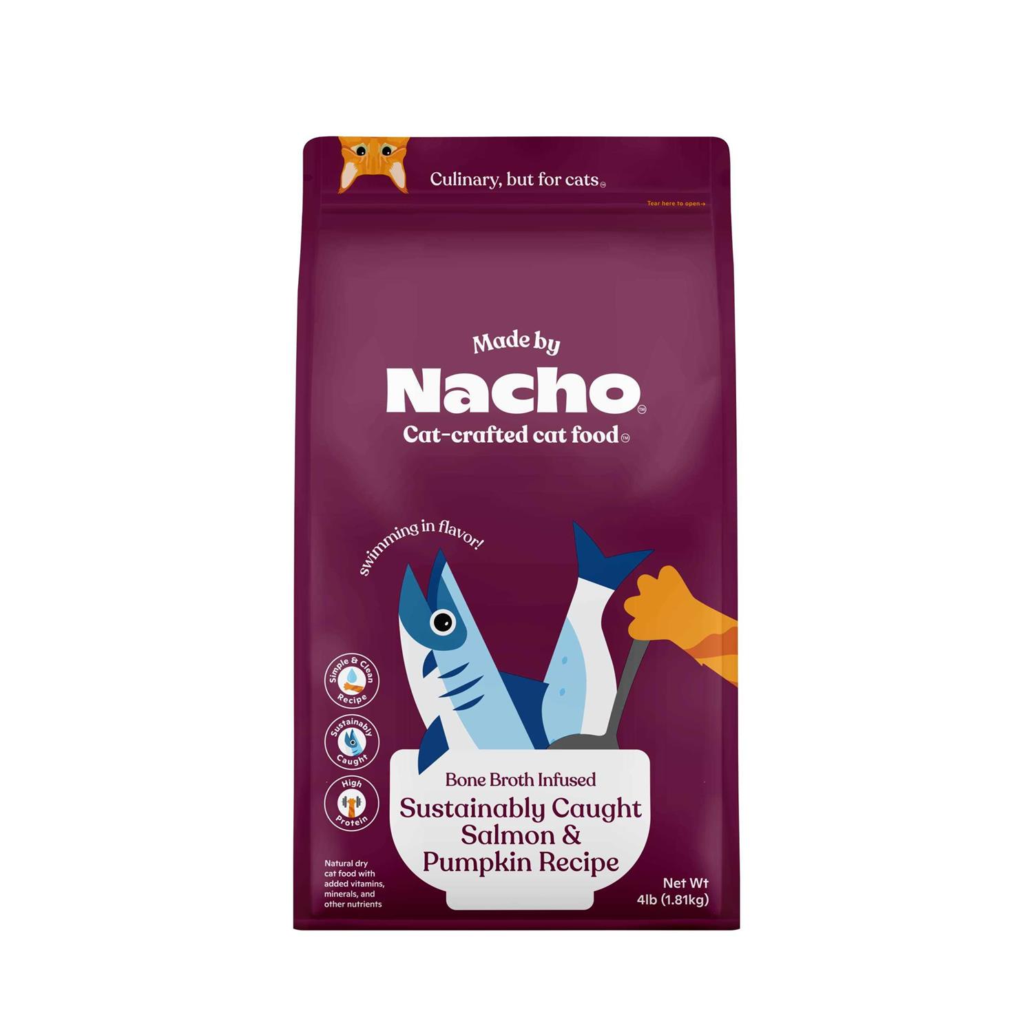 Made by Nacho Bone Broth Infused Sustainably Caught Salmon & Pumpkin Recipe Dry Cat Food