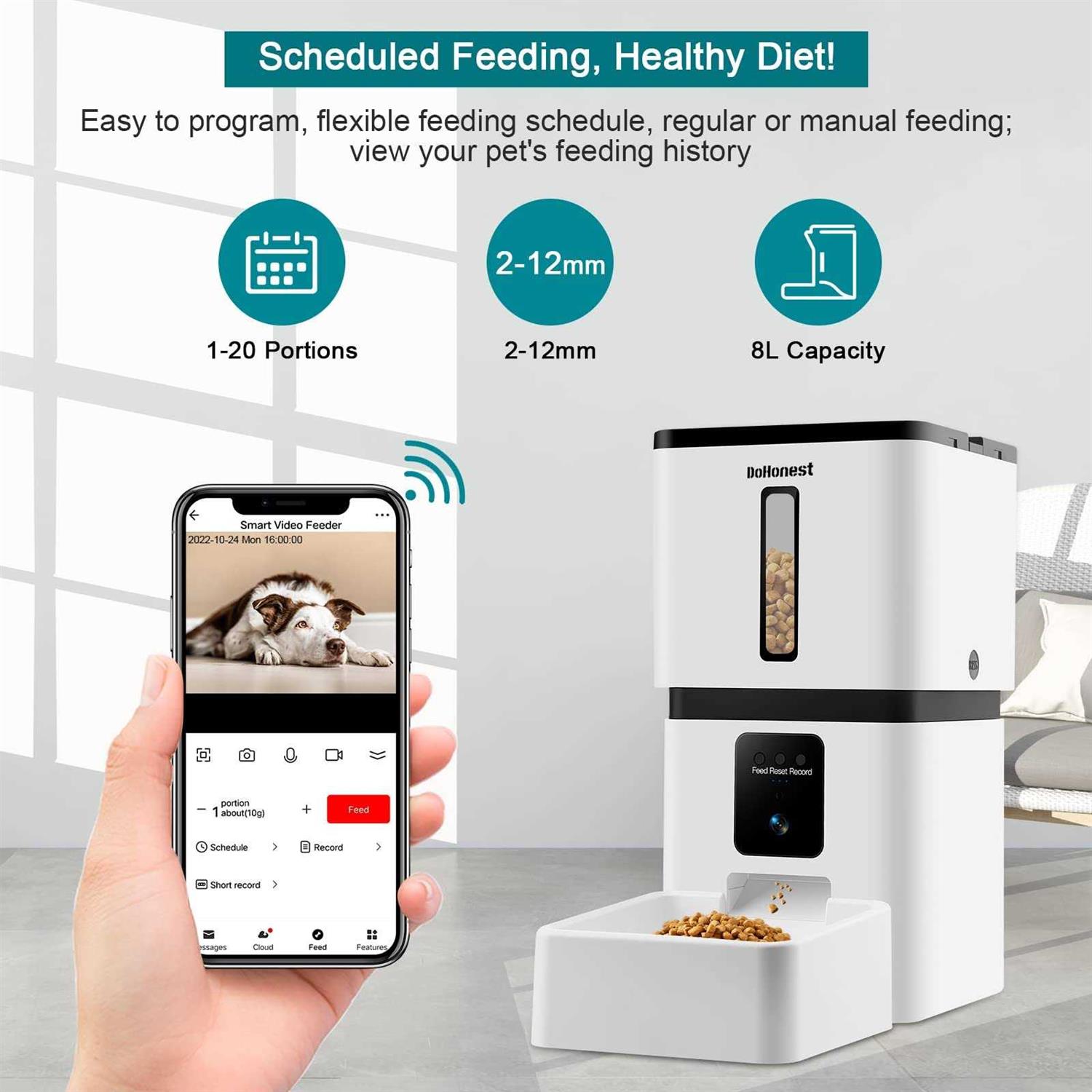 DoHonest Automatic Dog Feeder with Camera 5G WiFi Easy Setup 8L Motion Detection Smart Cat Food Dispenser 1080P HD Video Recording 2-Way Audio