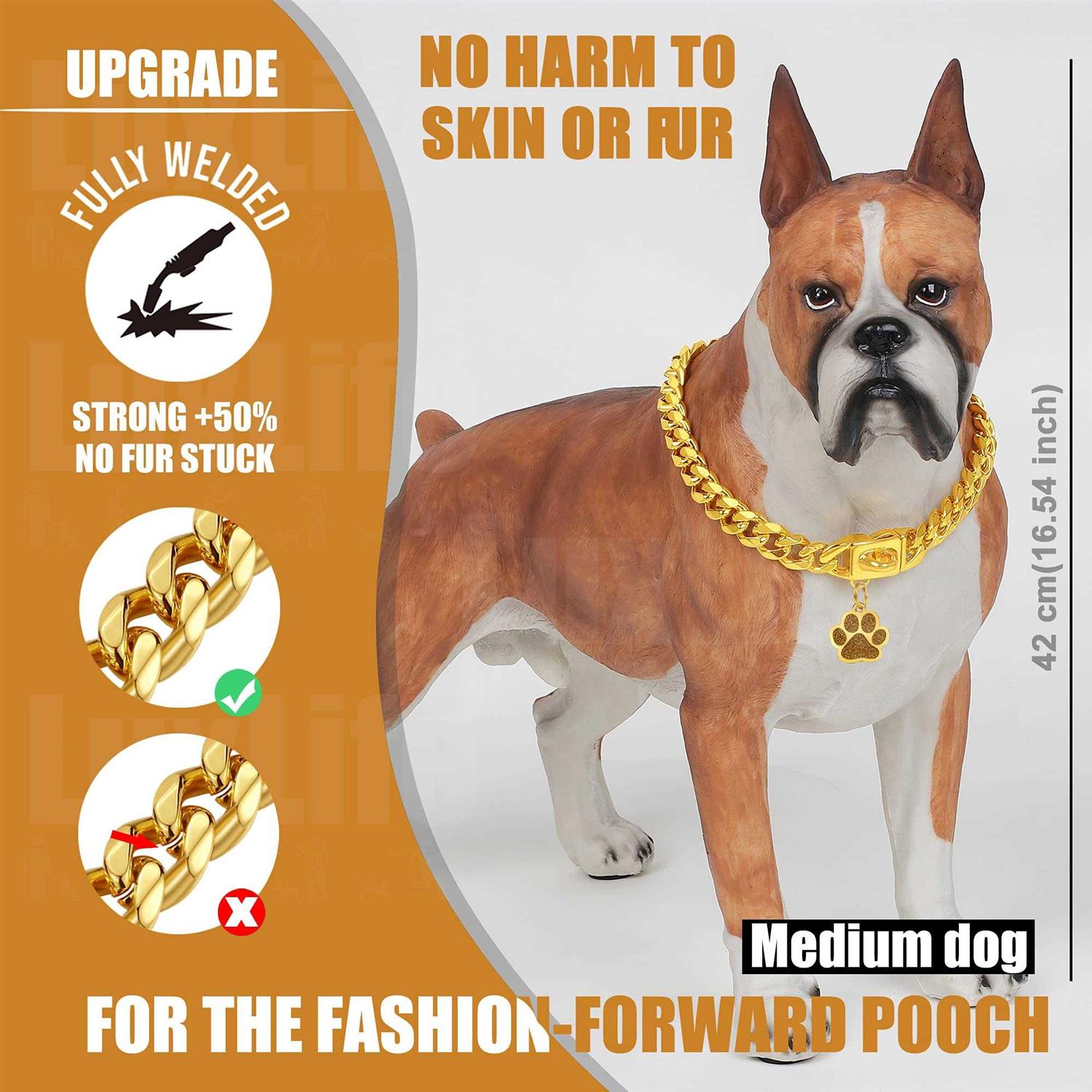 LuxLife Dog Chain Collars Gold Chain Dog Collar Cuban Link Dog Collar Snap Buckle 18K Stainless Steel Metal Dog