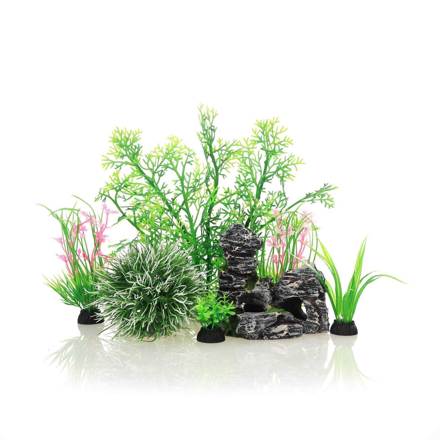 JIH Aquarium Fish Tank ,Plastic , Decorations Decor Set 7 Pieces, Small and Large Artificial Fish Tank Plants with Cave Rock