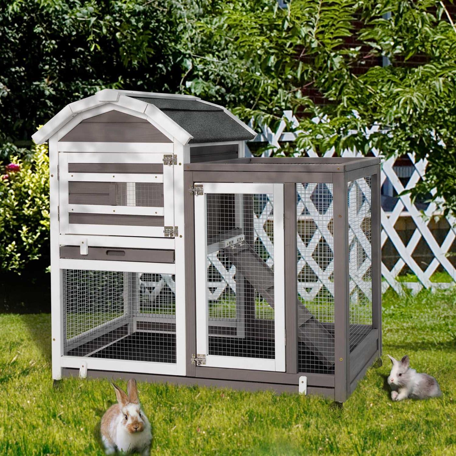 Petscosset 37.52 inch Rabbit Hutch Bunny Cage Guinea Pig House with Wheels Small Pet House for Guinea Pig Indoor & Outdoor, Gray, Size: 37.8L x 19.29W