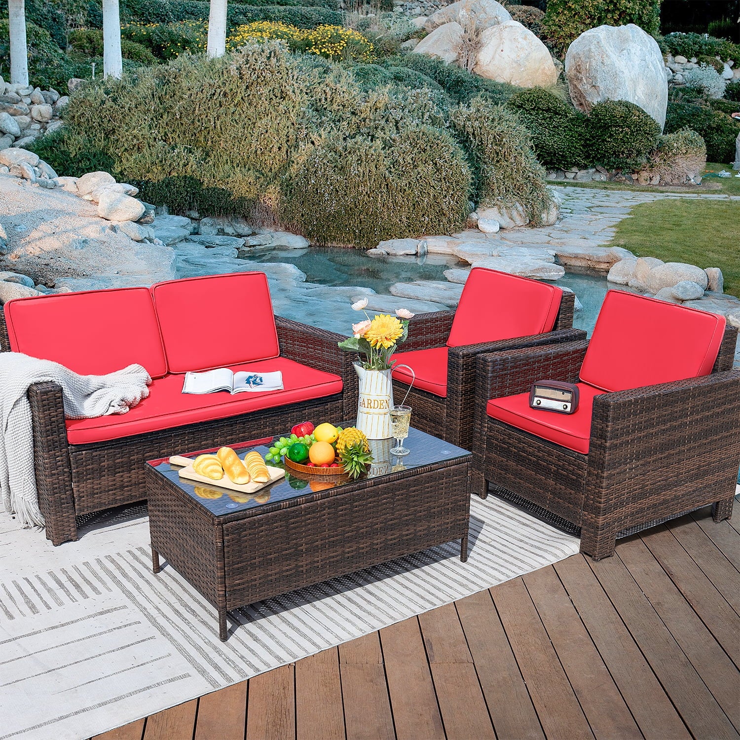 Lacoo 4-Piece Wicker Outdoor Patio Indoor Conversation Set with ...