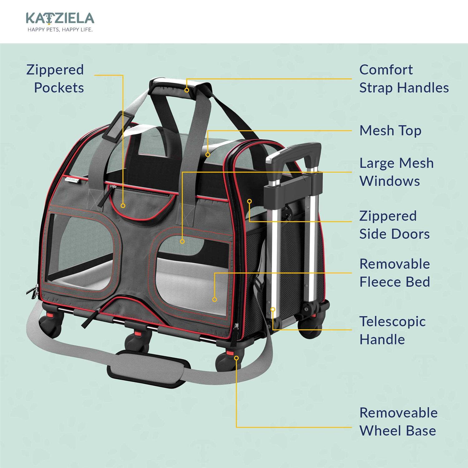 Katziela Luxury Rider Pro Pet Carrier with Removable Wheels and Double Telescopic Handle