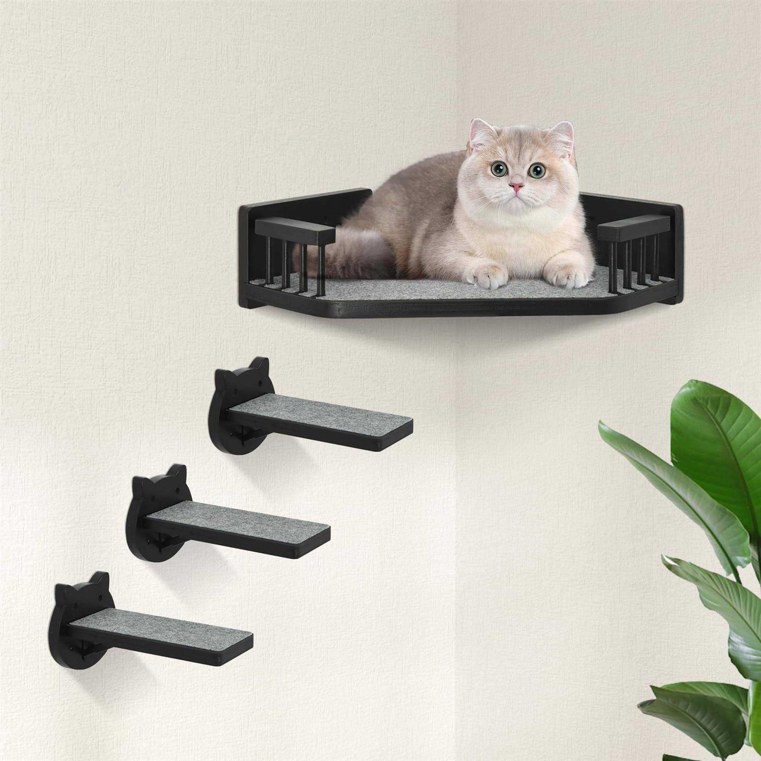 Cat Wall Shelves, Corner Cat Shelves and Perches for Wall Cat Wall Furniture Cat Shelf with 3 Steps
