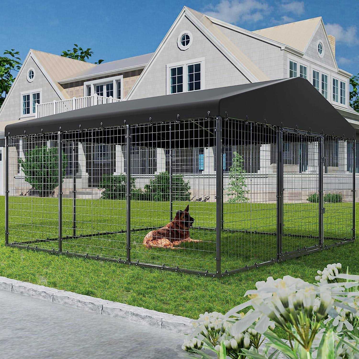Alaulm Large Heavy Duty Outdoor Dog Kennel, Galvanized Steel Dog Kennel Fence with Roof and Double Safety Locks