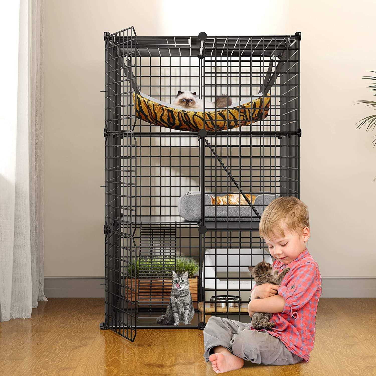 Dextrus 3-Tiers Cat Cage,Cat Enclosures Metal Cat Kennels Pet Crate with Extra Large Hammock for 1-2 Cats