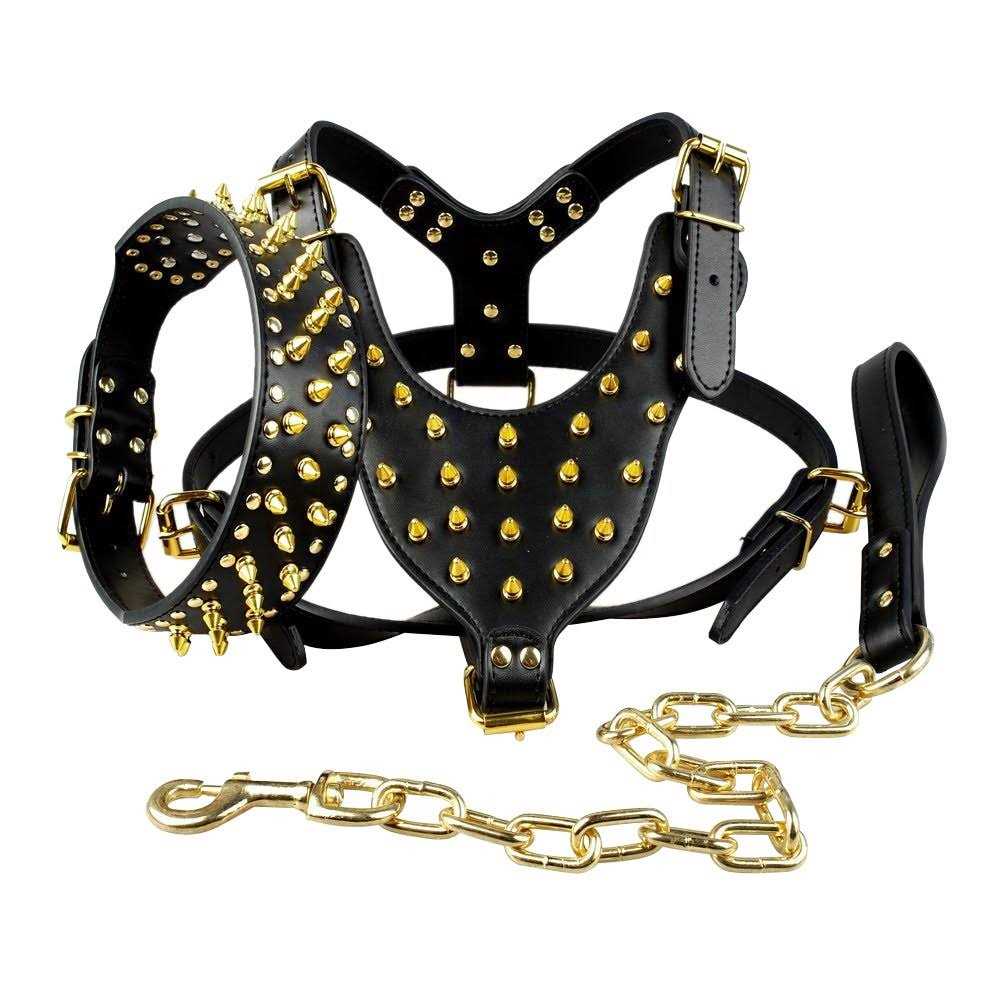 Berry Pet Black Leather Spikes Studded Medium & Large Dog Collar & Leash & Harness 3 Pcs Set for Pitbull Boxer
