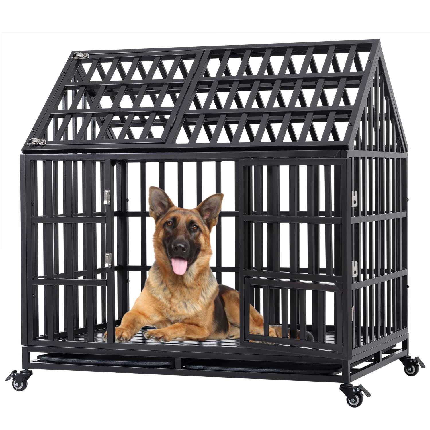 JINTANGLI Pet Heavy Duty Dog Crate for Large Medium Dogs, Metal Pet Cage Kennel Crate Roof Strong Playpen with Sturdy Latches and 4 Lockable Wheels