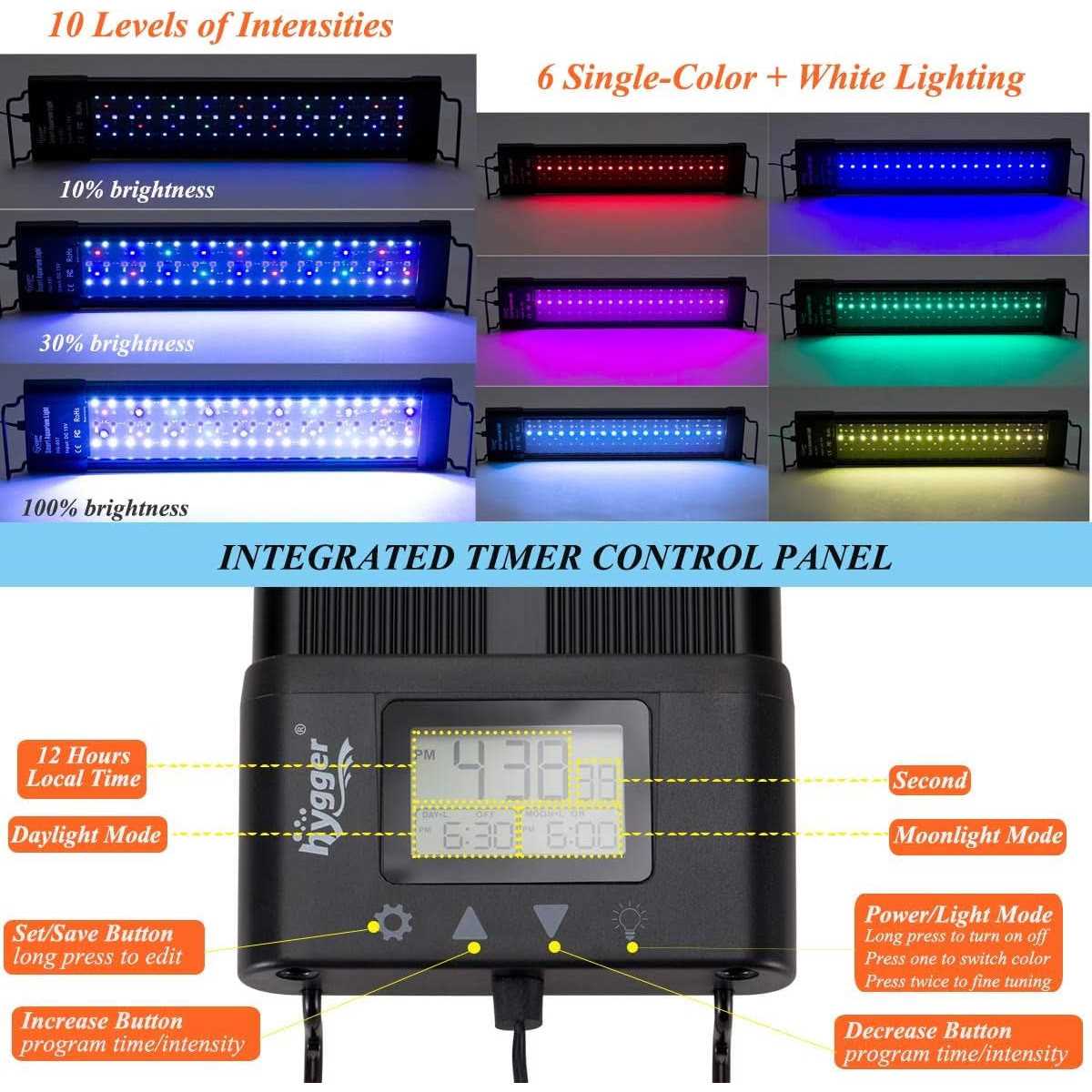 Hygger Auto On Off LED Aquarium Light Extendable 7 Colors Full Spectrum Light Fixture for Freshwater Planted Tank Build