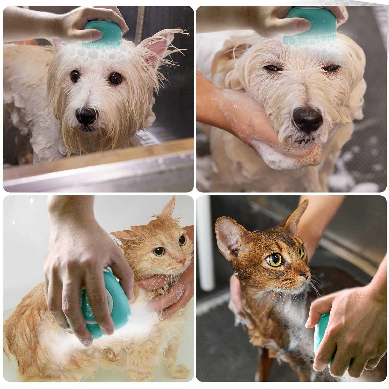 Woleigiao Dog Bath Brush, Pet Massage Brush Shampoo Dispenser, Soft Silicone Brush Rubber Bristle for Dogs and Cats Shower Grooming