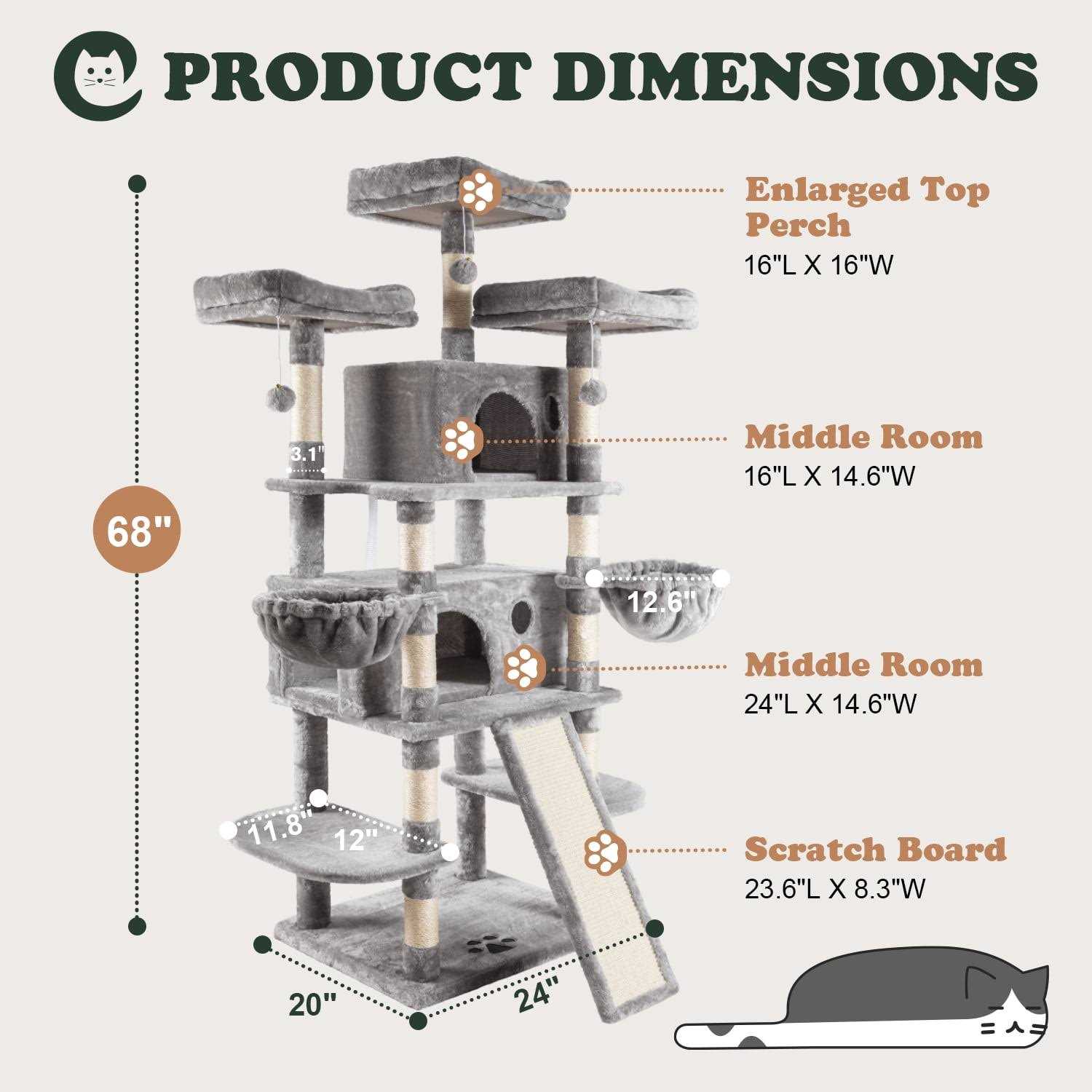 Amolife 68 Inch Cat Tower Multi-Level / X-Large Cat Tree King with Scratching Posts Kitty Pet Play House
