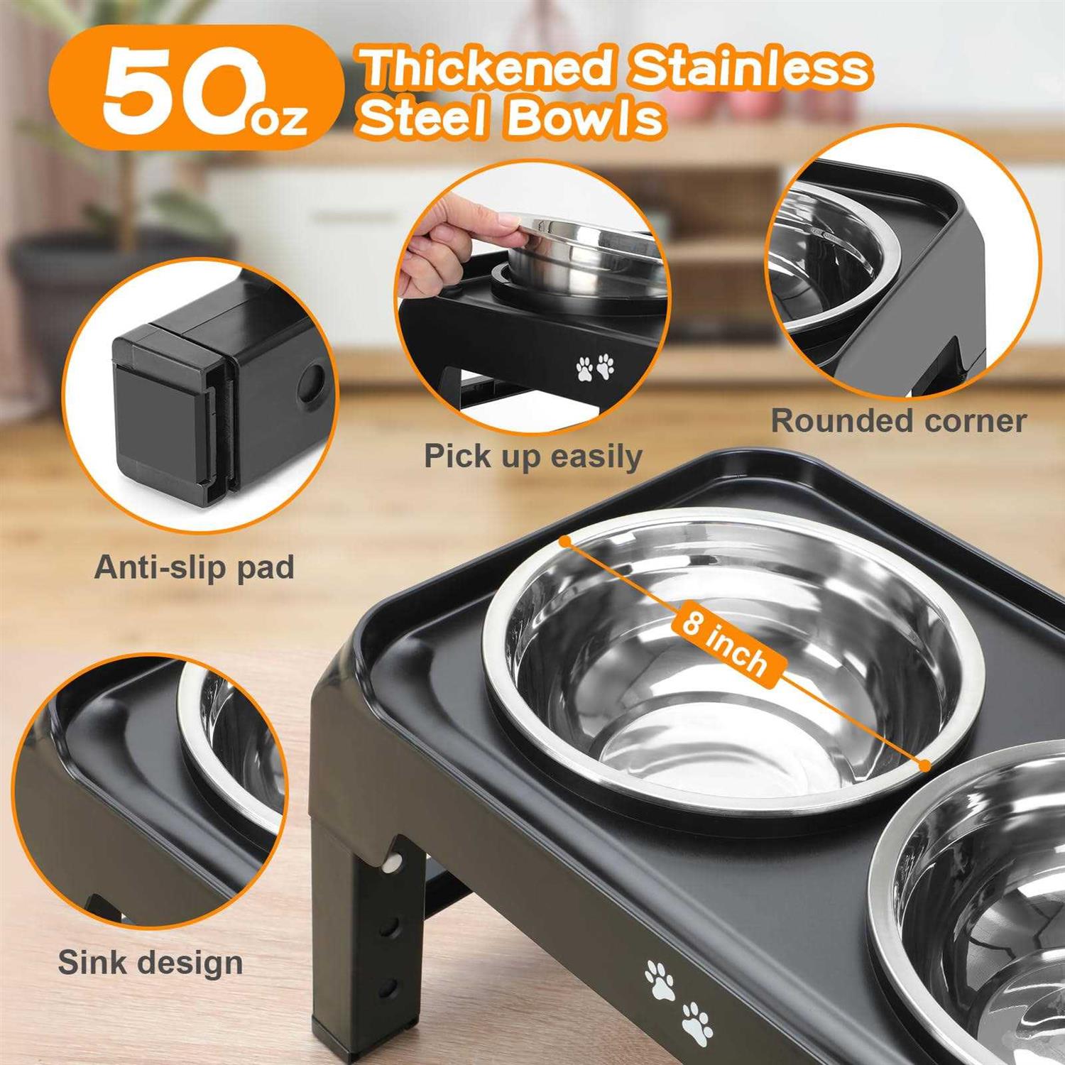 COMESOON Elevated Dog Bowls 4 Height Adjustable Raised Bowl Stand with 2 Thick 50oz Stainless Steel Food Feeder Bowls Non-Slip for Mediu