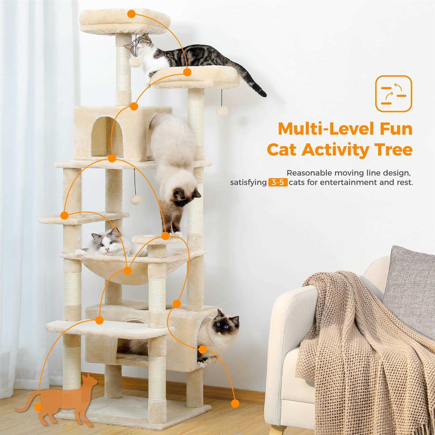 Pawz Road 73 inch Cat Tree for Large Cats Multi Level Tall Cat Tower Condo with 7 Scratching Posts