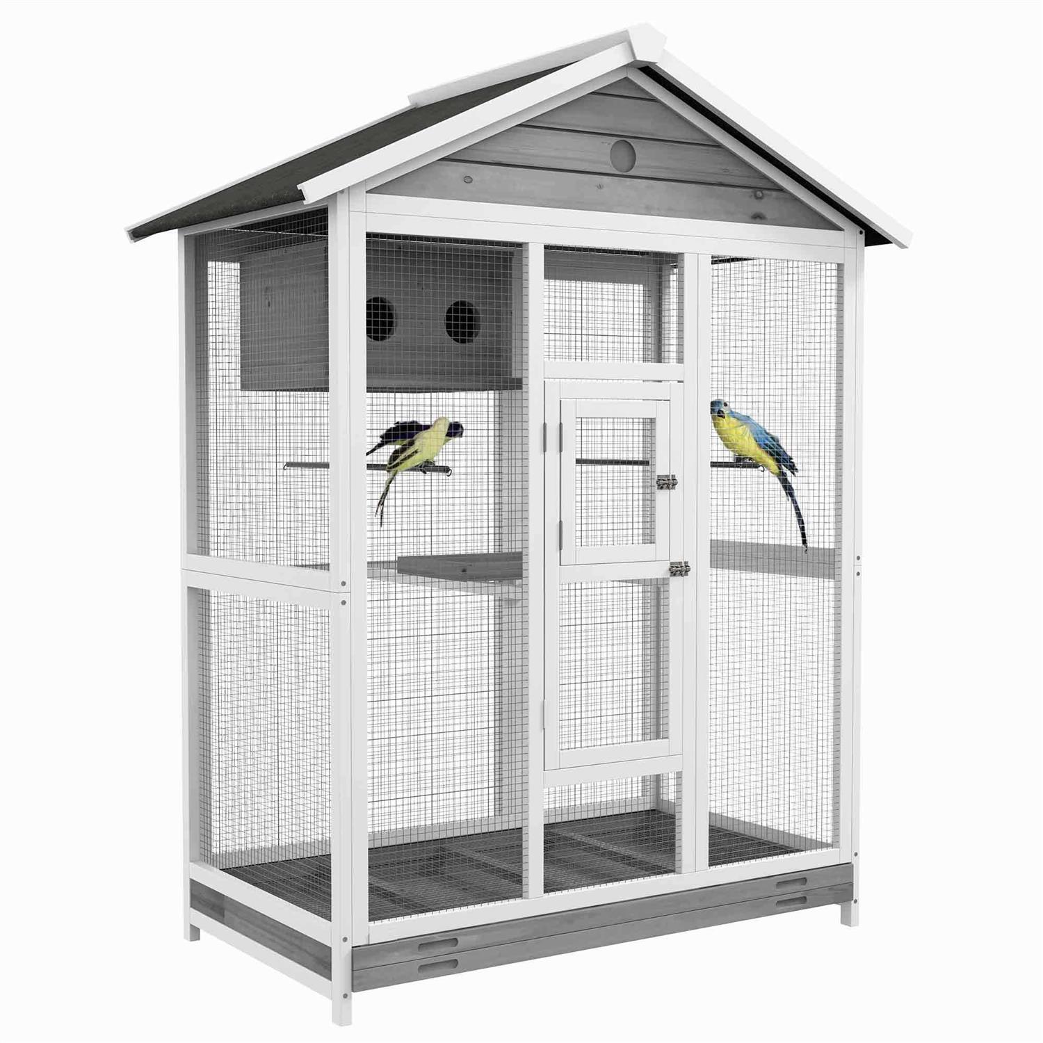 PawHut 64.5 Wooden Bird Cage Aviary, Flight Cage with 4 Perches, Nest and Slide-Out Tray for Indoor/Outdoor