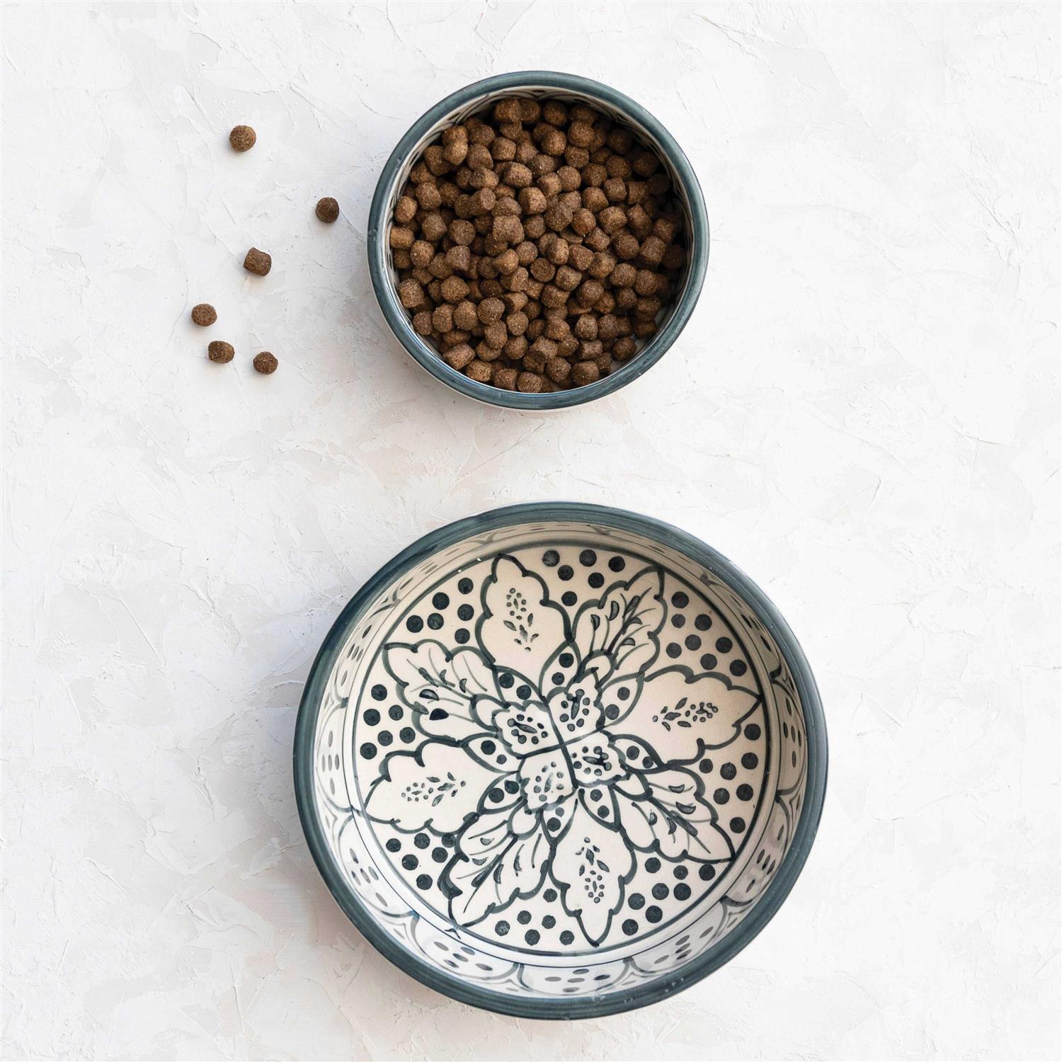 Creative Co-Op Hand-Painted Stoneware Pet Bowl with Botanical Design