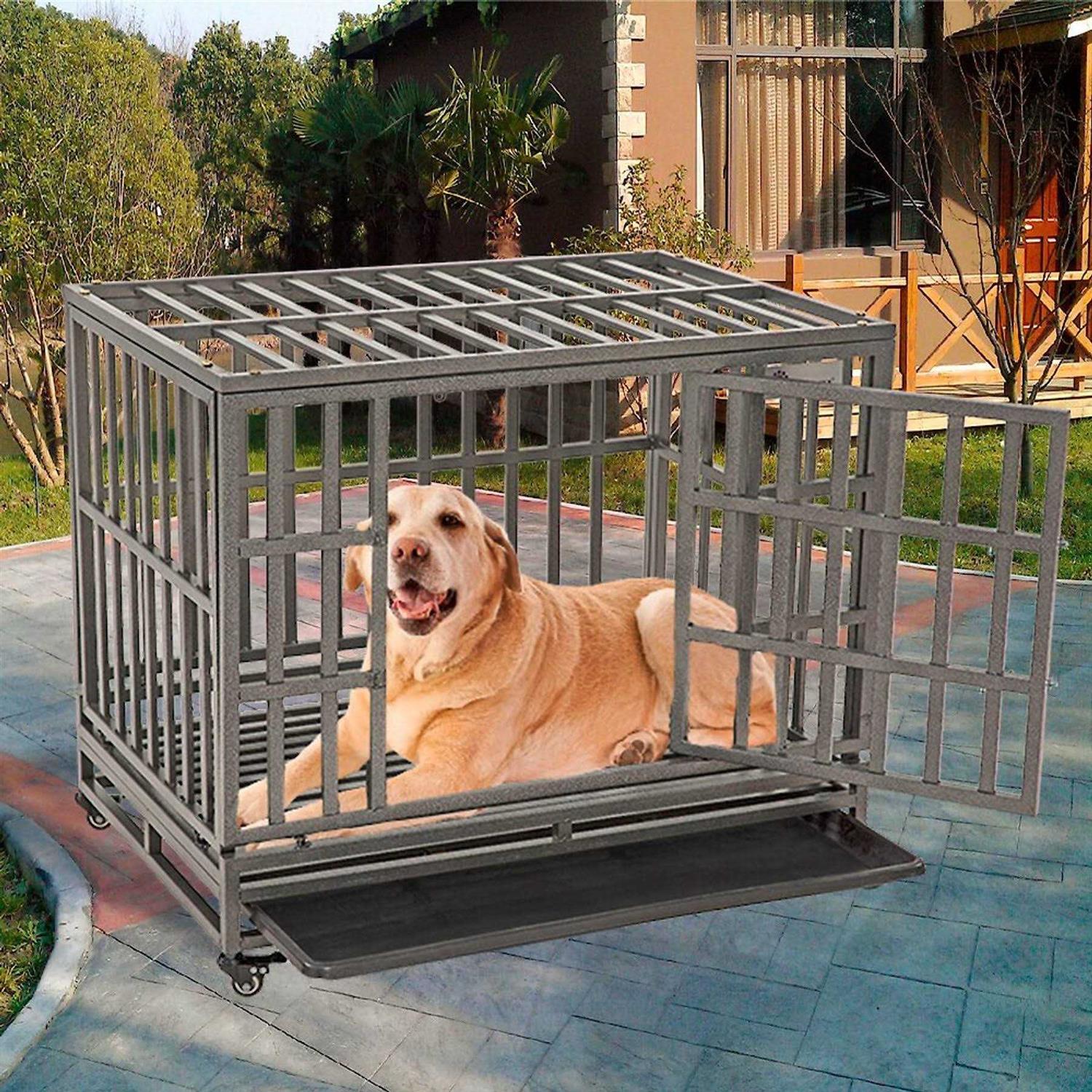 SMONTER Heavy Duty Strong Metal Dog Cage Pet Kennel Crate Playpen Wheels