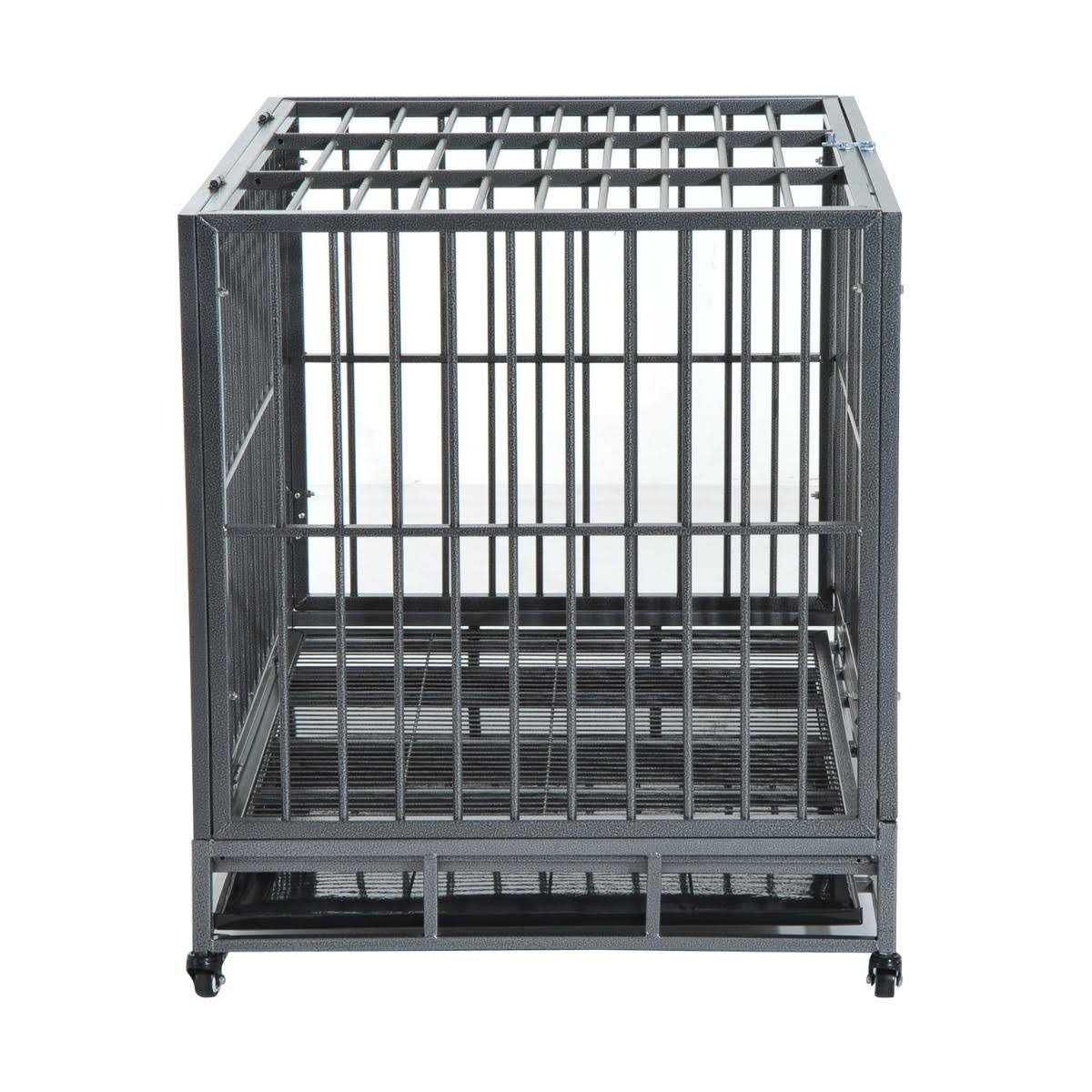 PawHut Heavy Duty Dog Crate Metal Cage Kennel with Lockable Wheels, Double Door and Removable Tray
