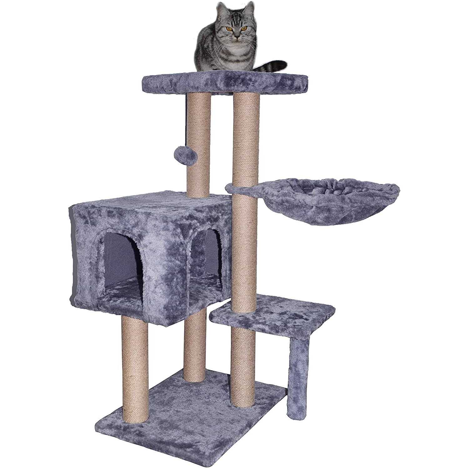 Aiwikide 002G Cat Tree has Scratching Toy with a Ball Activity Centre Cat Tower Furniture Jute-Covered Scratching Posts Grey