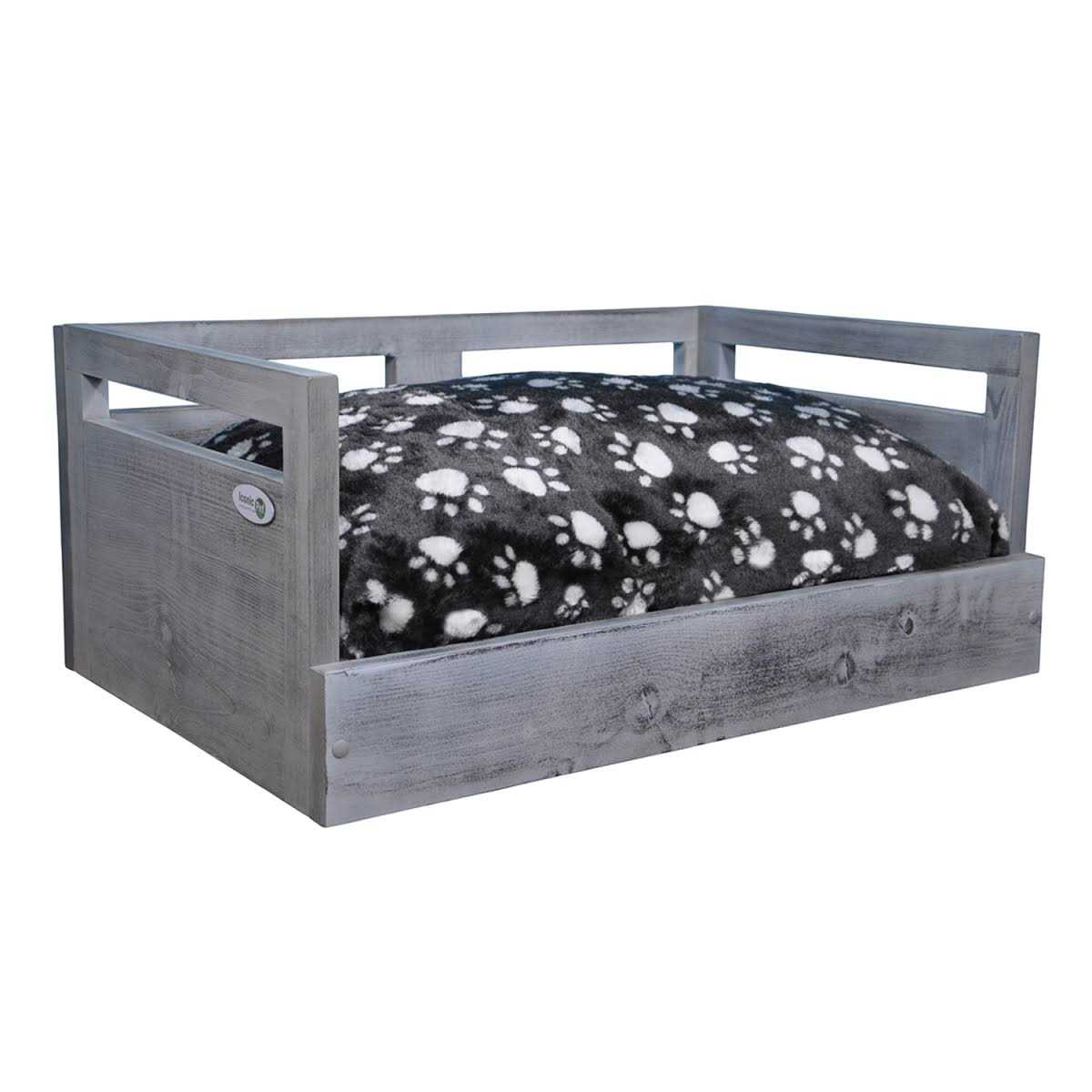 Iconic Pet Sassy Paws Wooden Pet Bed with Paw Printed Comfy Cushion