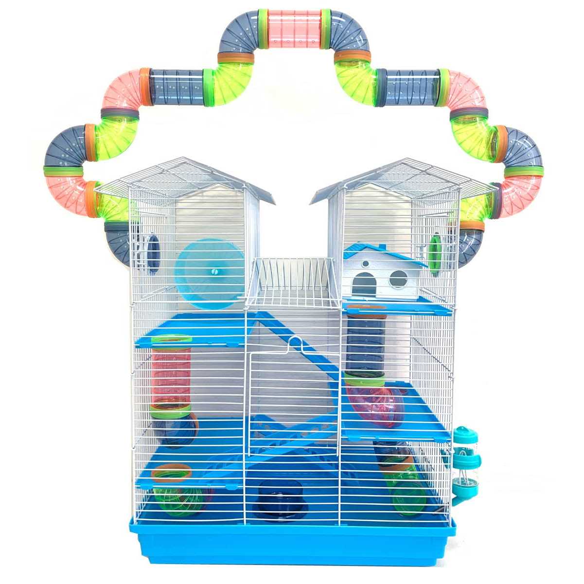 Mcage Large Multi-level Twin Tower Habitat Hamster Rodent Gerbil Mouse Mice Rat Wire Animal Cage Long Crossover Tube Tunnel Expandable and Customizable