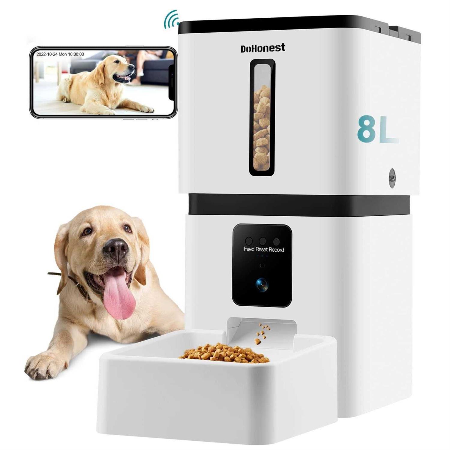 DoHonest Automatic Dog Feeder with Camera 5G WiFi Easy Setup 8L Motion Detection Smart Cat Food Dispenser 1080P HD Video Recording 2-Way Audio