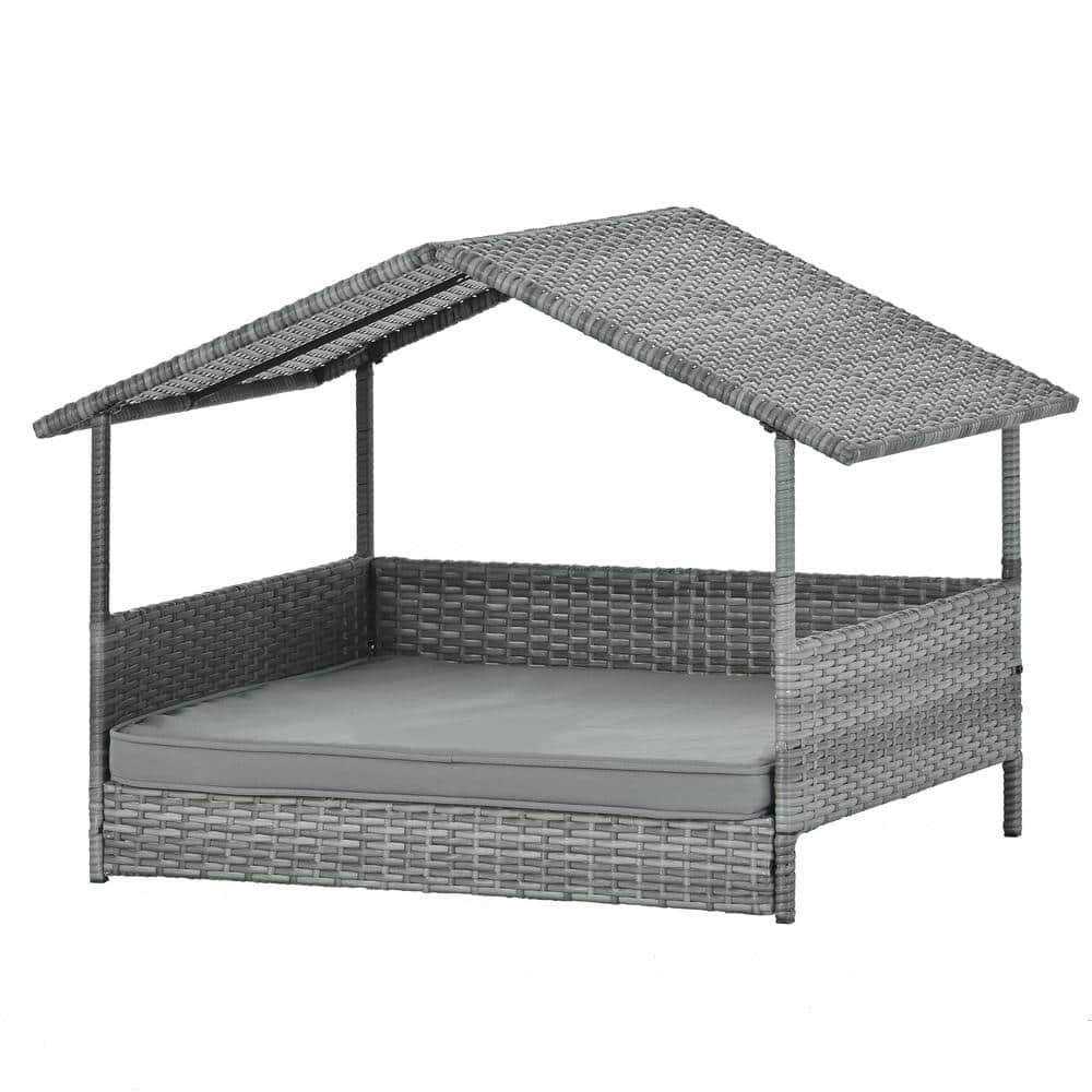Dark Gray Medium Outdoor Furniture Pet Patio Furniture Seasonal PE Wicker Pet Furniture Dog Bed with Canopy
