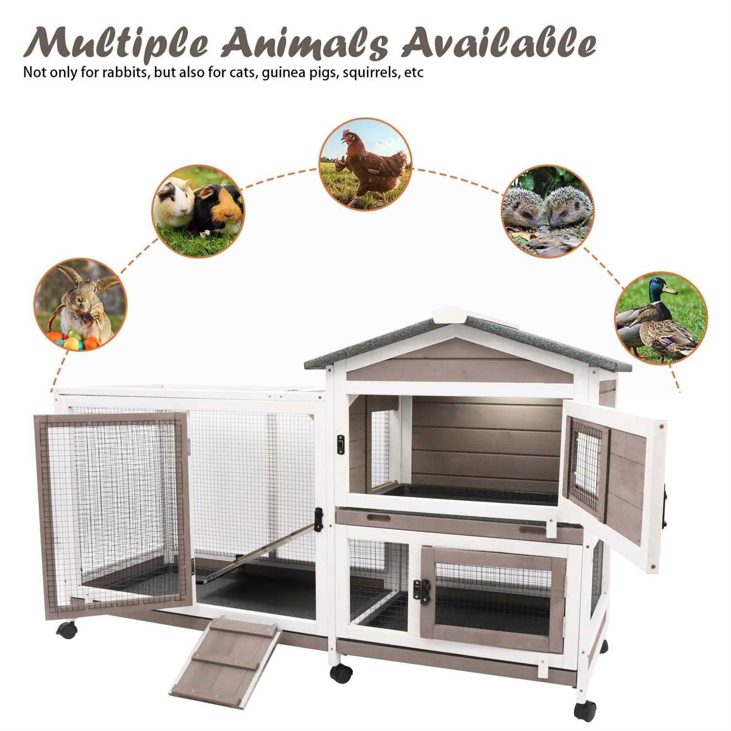 Gowoodhut Rabbit Hutch Indoor Outdoor 2 Story Bunny Cage with 3 No Leak Trays,55.31 L Guinea Pig Cages Rabbit Cage with 6 Wheels for Guinea Pig
