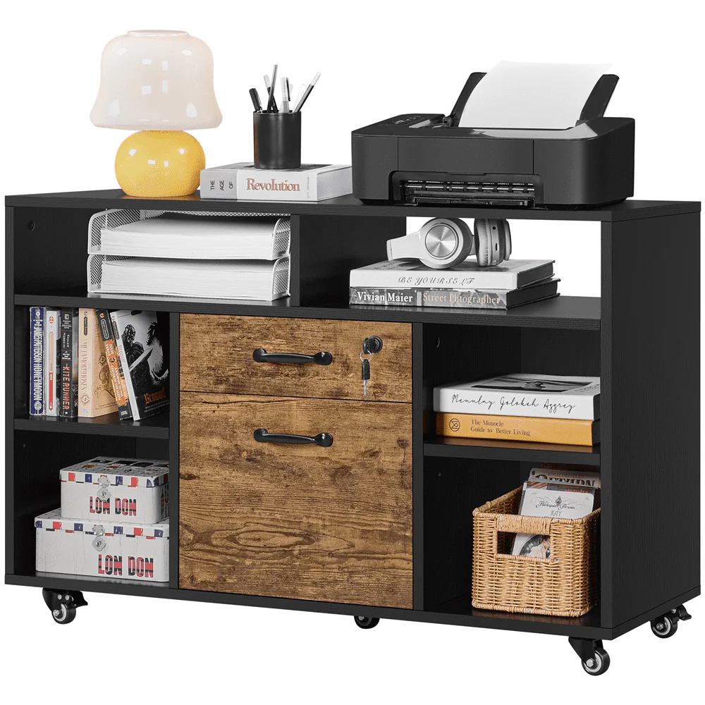 Smile Mart Industrial Wooden Rolling File Cabinet with Lockable Drawer ...