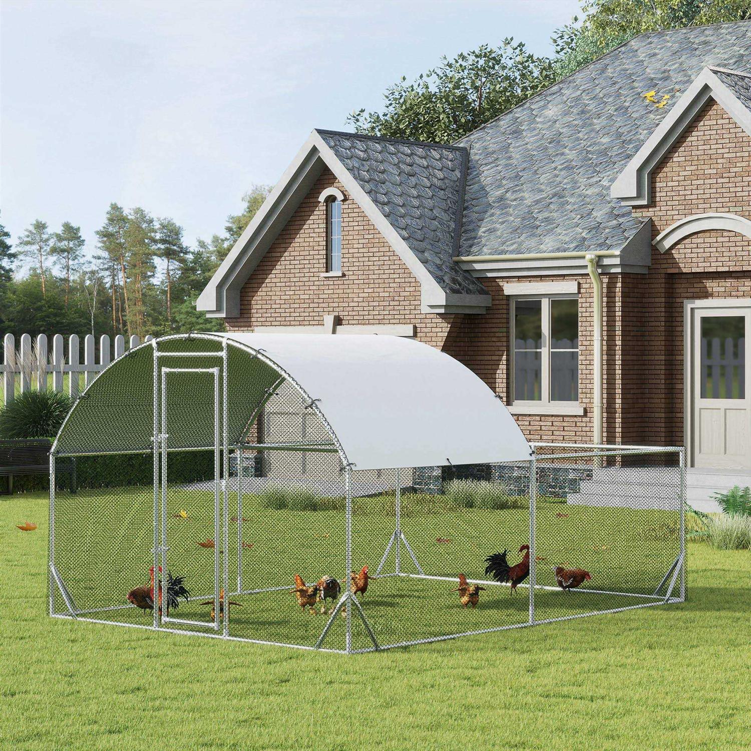 PawHut Metal Chicken Coop Walk-in Enclosure with Cover