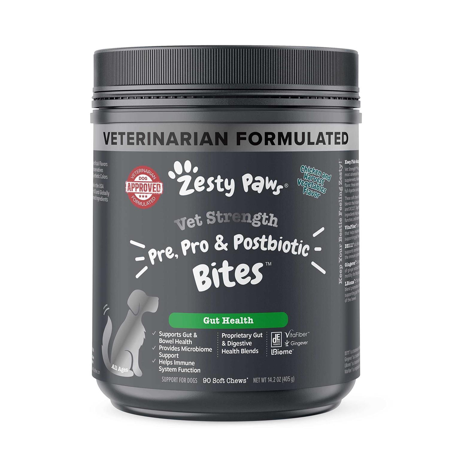 Zesty Paws Vet Strength Pre Post & Probiotic Gut Health Bites for Dogs
