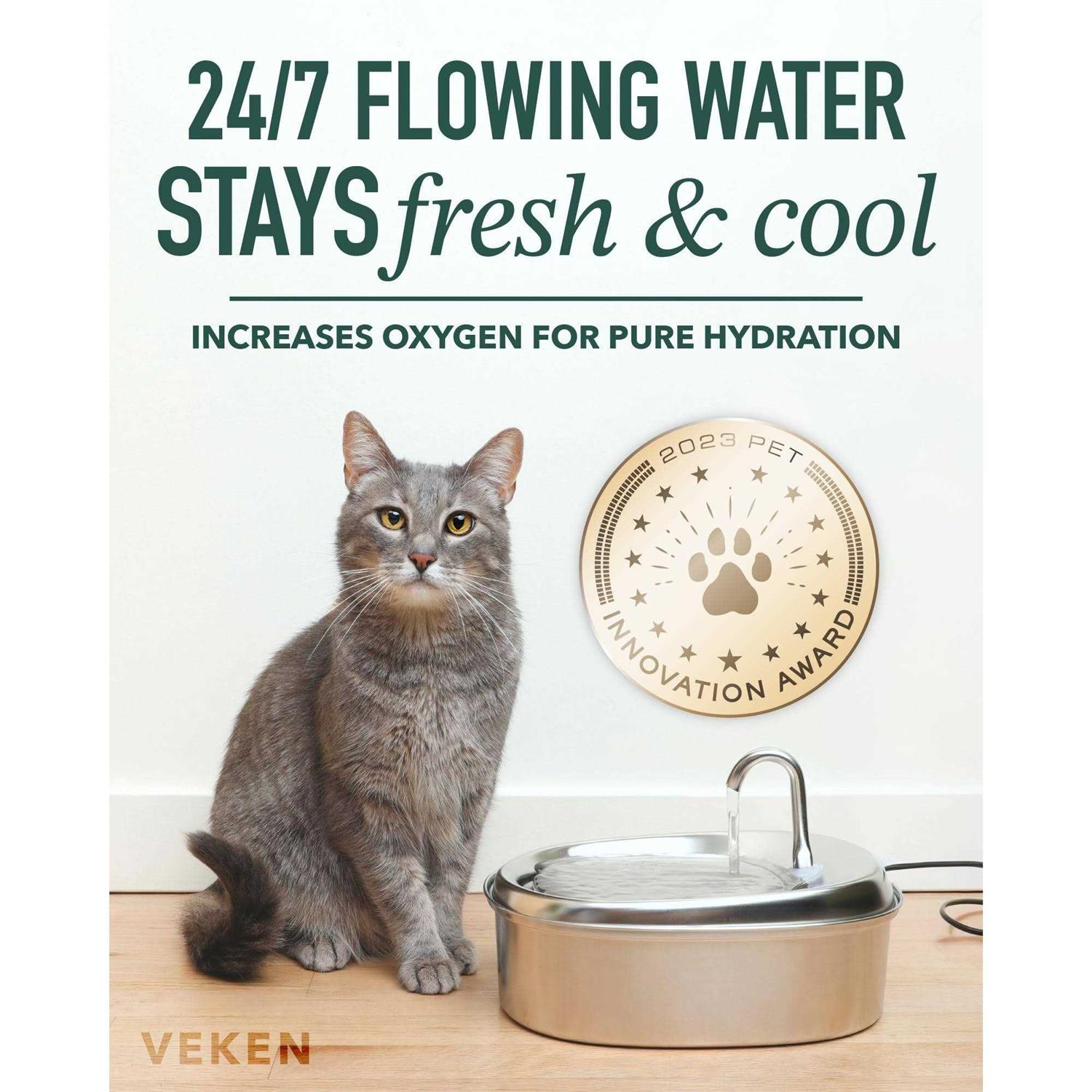 Innovation Award Winner Veken 85oz/2.5L Oval Stainless Steel Pet Fountain, Automatic Cat and Dog Water Dispenser with Smart Pump for Cats