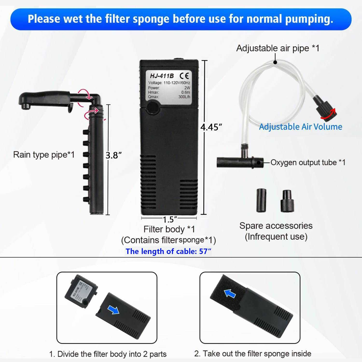 TARARIUM Quiet Betta Fish Filter Aquarium Internal Filter for 2-15 Gallon Fish Turtle Tank Biochemical Small 79 GPH Rain Shower Design 3 in 1 Oxygen