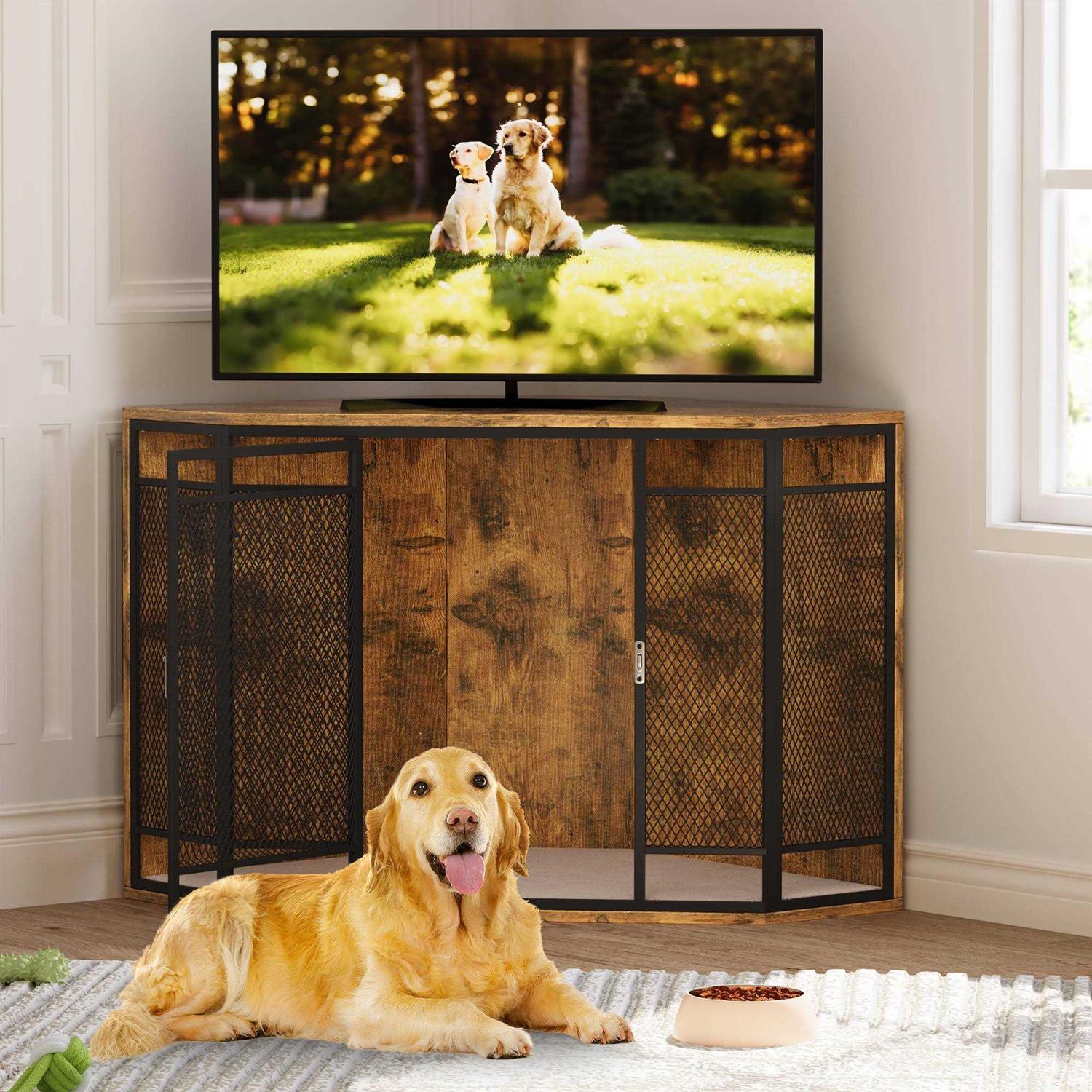 Dextrus Corner Dog Crate Furniture,Stylish 43.7-inch Wooden Dog Kennel with Sturdy Metal Mesh