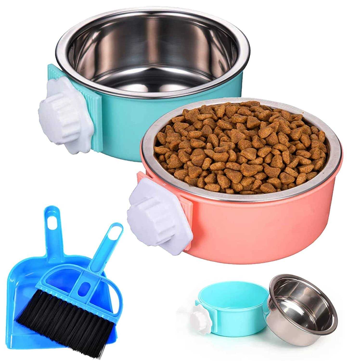 Hercocci Dog Crate Bowl, Removable Stainless Steel Pet Kennel Cage Hanging Food Bowls and Water Feeder Coop Cup Prevent Overflow for Puppy