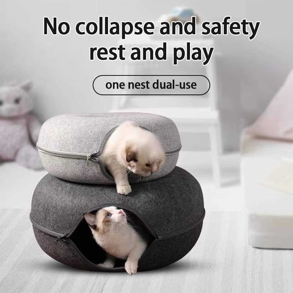 Cat Cave for Indoor Cats Large Cat Donut Cat Tunnel Bed Peekaboo Cat Cave with 3 Toys