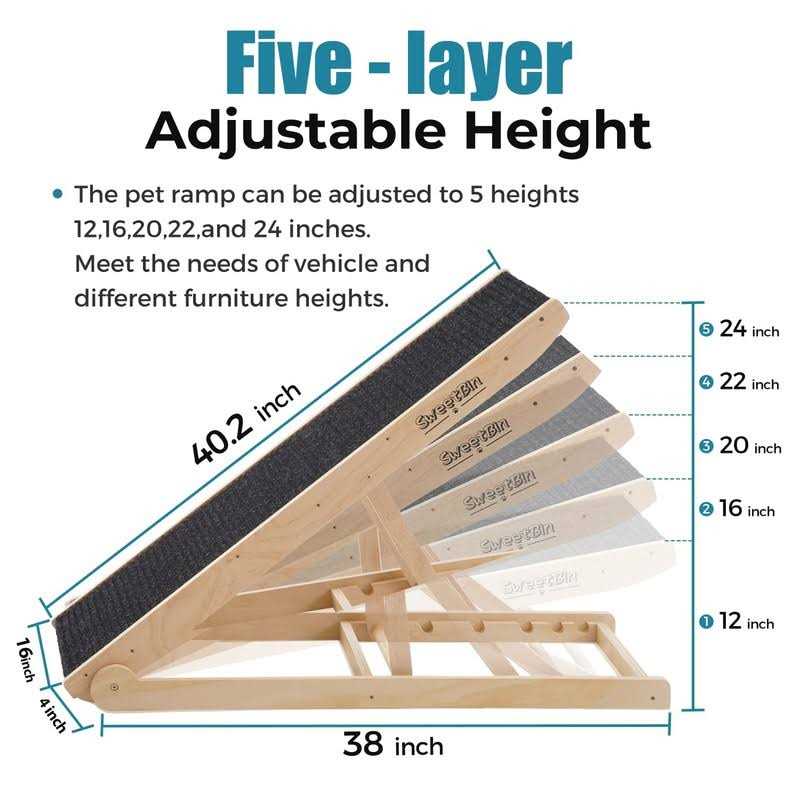 Sweetbin Wooden Adjustable Pet Ramp for All Dogs and Cats Non Slip Carpet Surface and Foot Pads