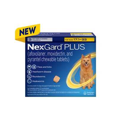 NexGard PLUS Chew for Dogs, 17.1-33 lbs. (Gold Box) 3 Chews (3-mos. supply)