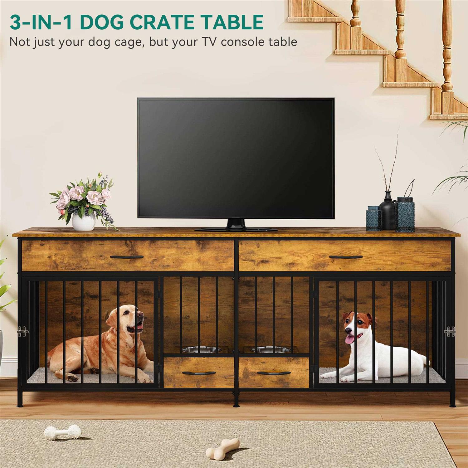 Dextrus Dog Crate Furniture Large Breed with Dog Feeder 74.8 inch inch Wooden Dog Kennel Furniture Indoor Heavy Duty Dog Crate with Drawers