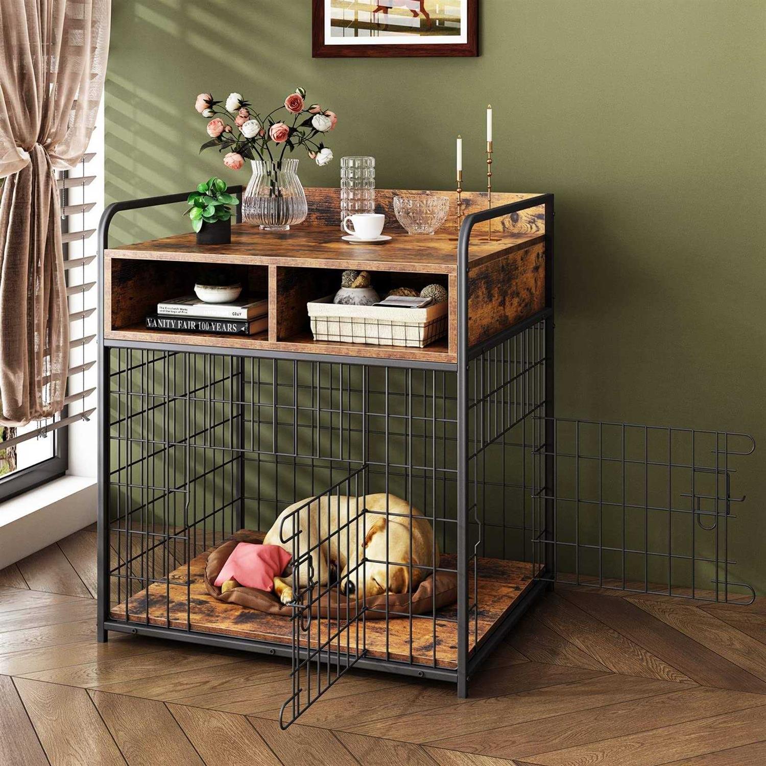 Saudism Dog Crate Furniture Dog Kennel Indoor Wood Dog Cage Table with Drawers Storage
