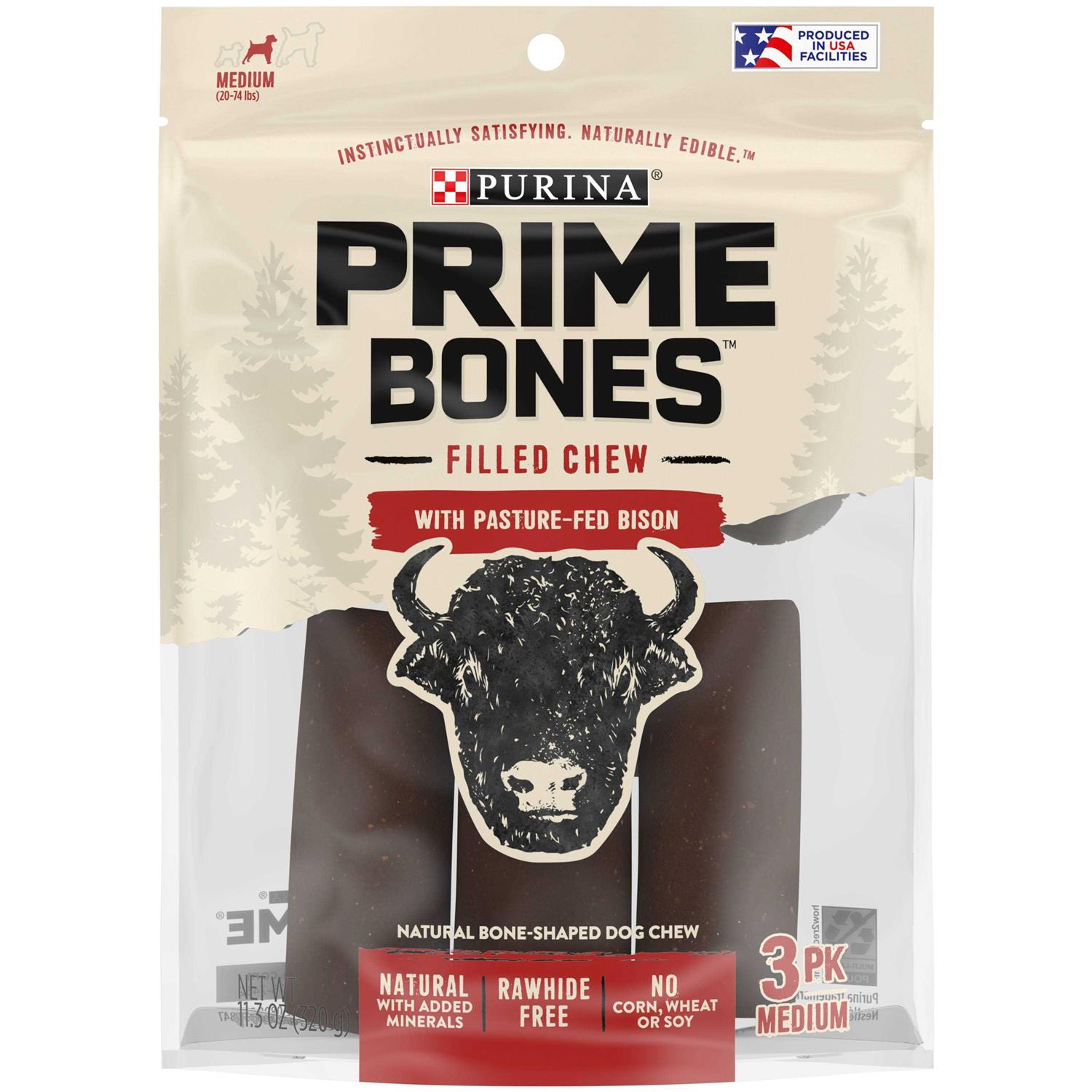 Purina Prime Bones Natural Dog Treats Filled Chew With Pasture-Fed Bison
