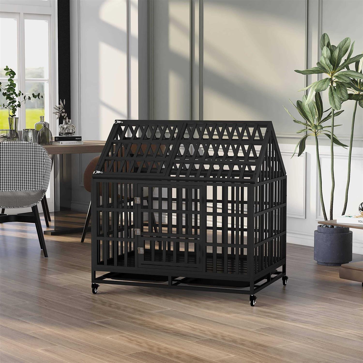 JINTANGLI Pet Heavy Duty Dog Crate for Large Medium Dogs, Metal Pet Cage Kennel Crate Roof Strong Playpen with Sturdy Latches and 4 Lockable Wheels