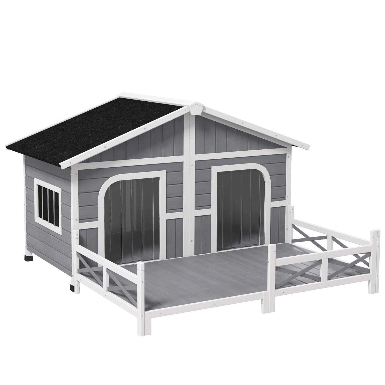 PawHut 59x64x39 Wood Large Dog House Cabin Style Elevated Pet Shelter w/Porch Deck