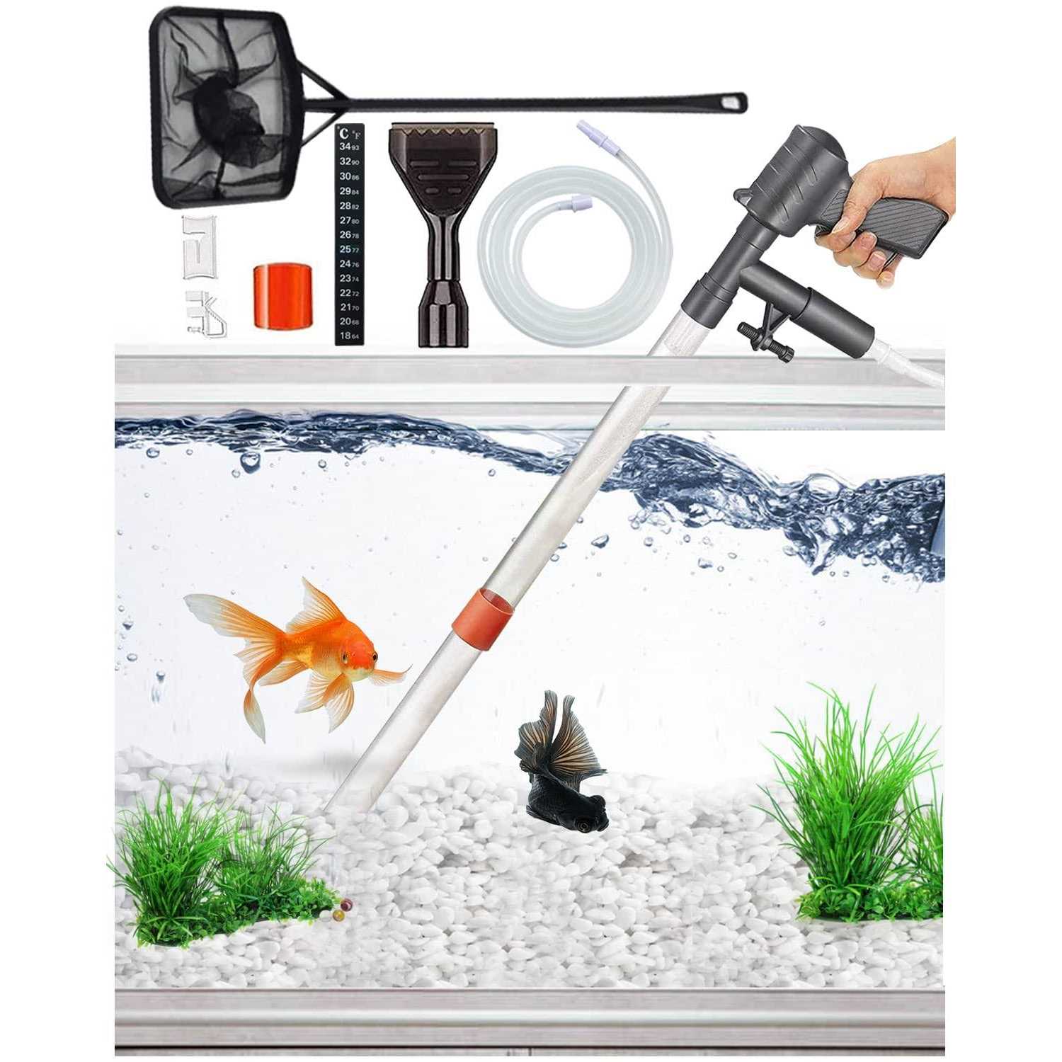 QZQ Aquarium Gravel Cleaner Vacuum Fish Tank Vacuum Cleaner Tools for Aquarium Water Changer with Aquarium Thermometers Fish Net kit