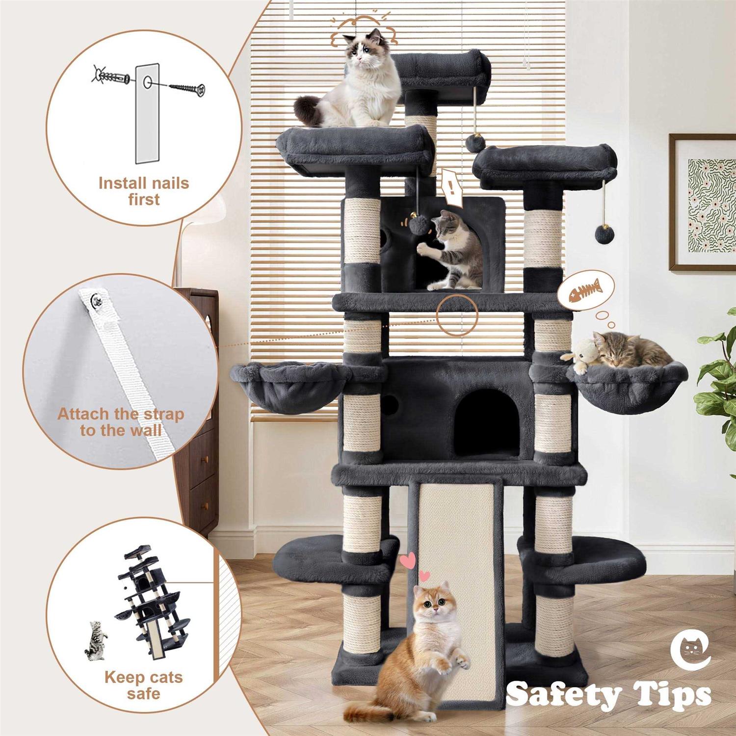 Amolife 68 Inch Cat Tower Multi-Level / X-Large Cat Tree King with Scratching Posts Kitty Pet Play House