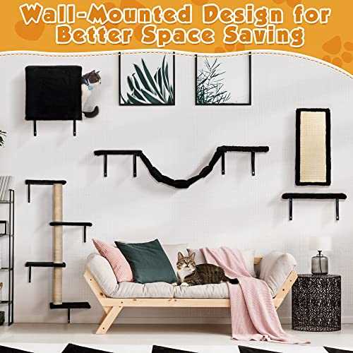 Wall Mounted Cat Furniture, Cat Wall Shelves Set of 5 with Cat Tree, Cat Perch, Cat Scratcher, Cat Bridge and Cat Condo, Gray (Black)