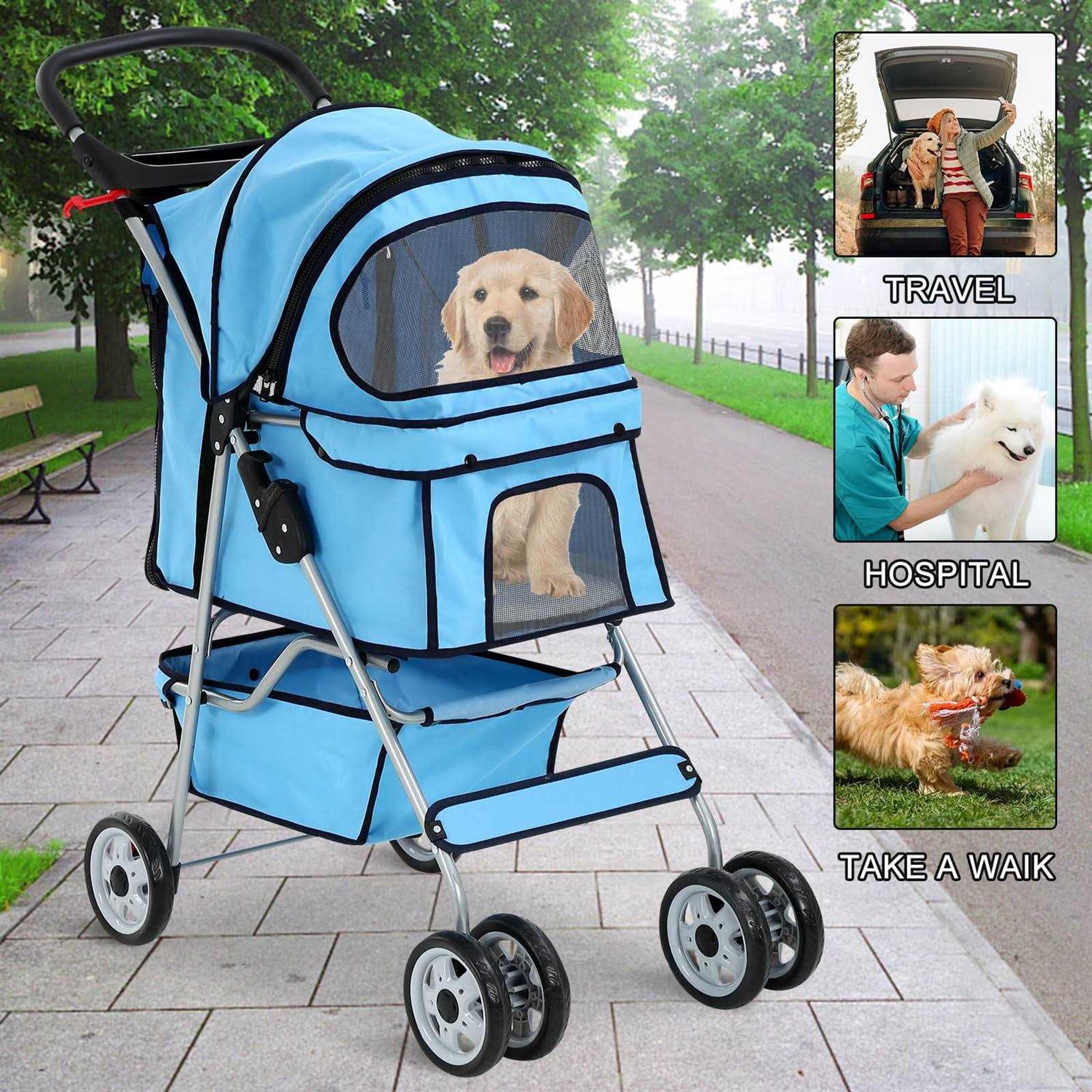 4 Wheels Pet Stroller Foldable Dog Stroller Cat Stroller with Cup Holders& Storage Basket for Small Medium Dogs