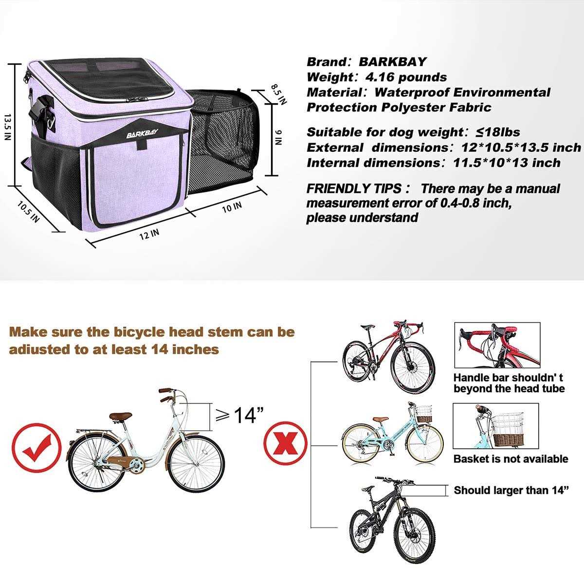 BARKBAY Dog Bike Basket Carrier Expandable Foldable Soft-Sided Dog Carrier
